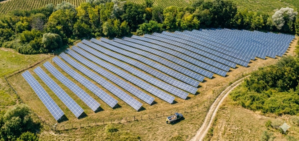 Vue aérienne d'installations photovoltaïques ou énergies renouvelables
